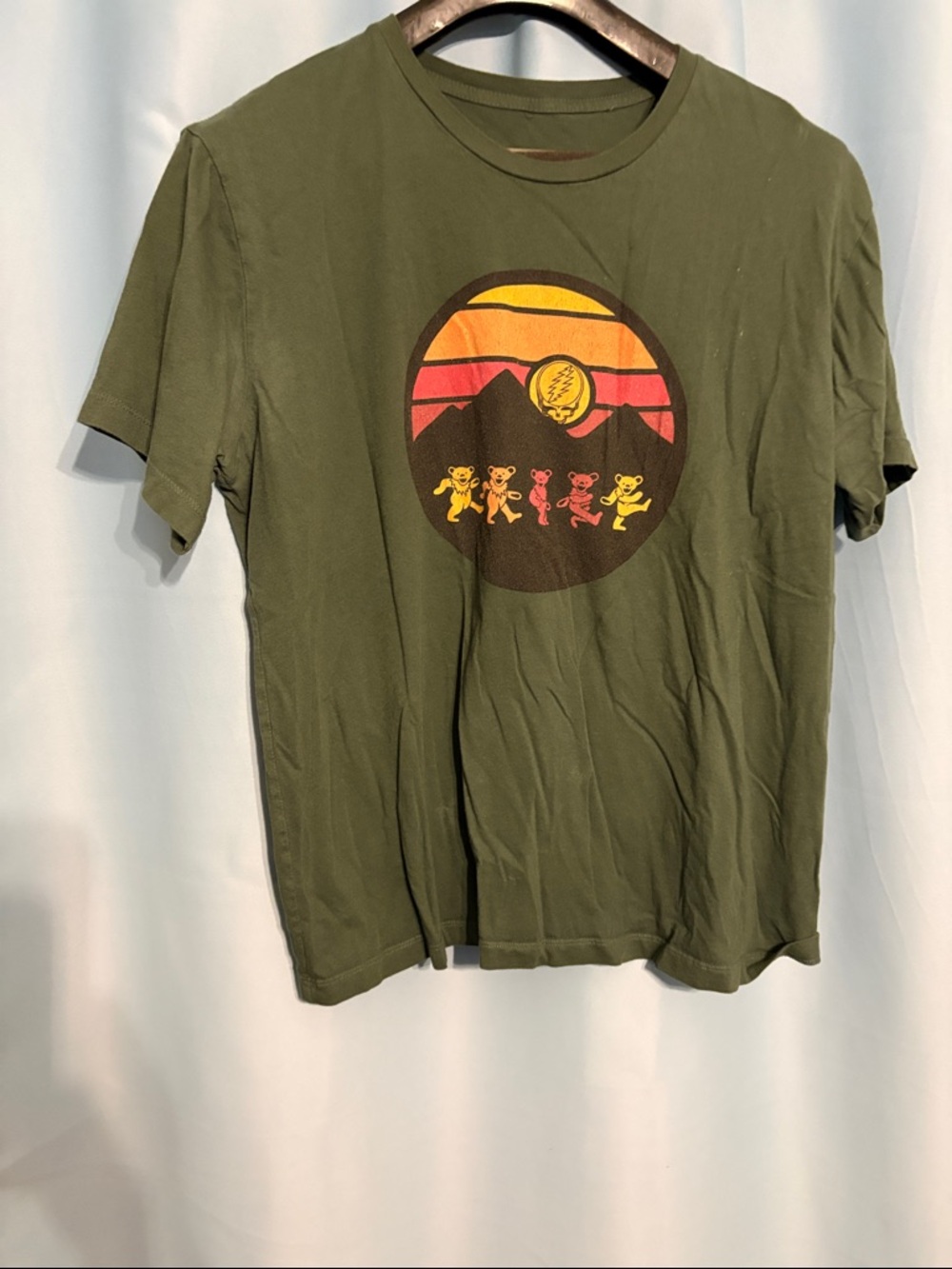 Olive Green Grateful Dead Graphic Tee with Dancing Bears